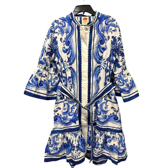 FARM Rio Garden Tiles Bell Sleeve Mini Dress Blue White Sz Large New - Picture 6 of 11